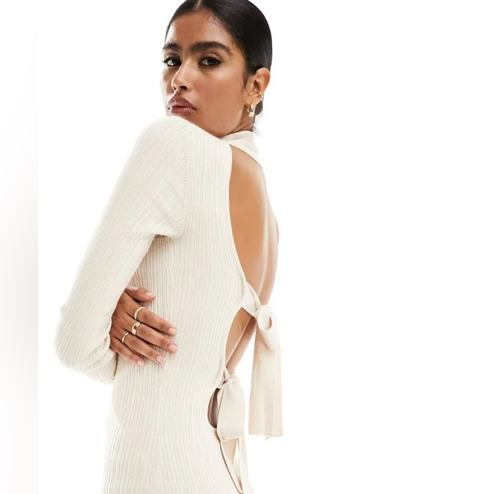 MISS SELFRIDGE Ribbed Knit Double Tie Back Funnel Neck Mini Dress in Cream
